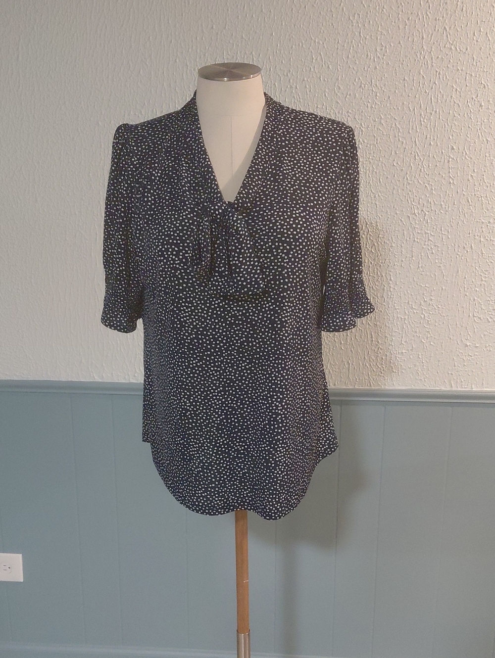 Adrianna Papell Navy and White Polka Dot V-Neck Tie Blouse
